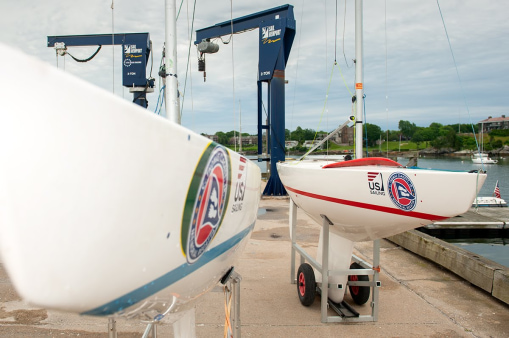 Clagett 2.4mRs ready to be hoisted into the water at Sail Newport for The Clagett Regatta